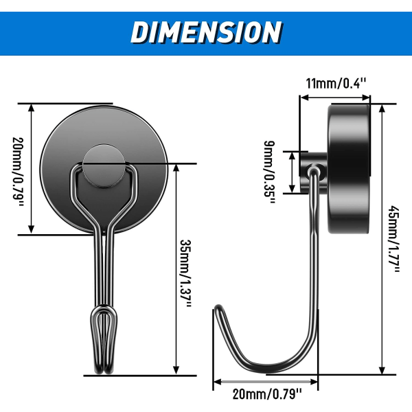 Black Magnetic Hooks 35 LBS Heavy Duty Neodymium Magnet Hooks Size 10-Pack