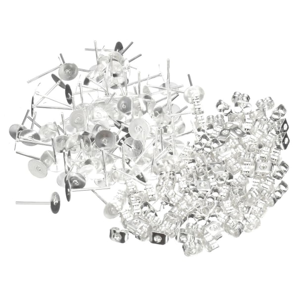 200 stk Ørepynt Stud Posts 6mm Puter Mutter Bakside Sølvfarget Kirurgisk Stål DIY Ny