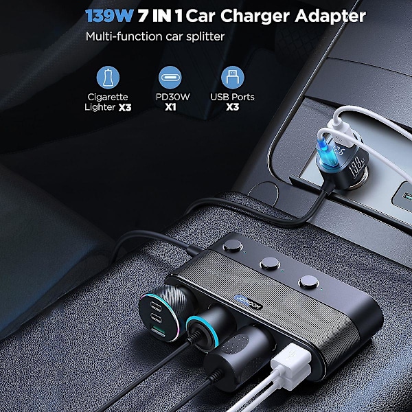 TS-139w 7-i-1 Billaddare Adapter Snabb Pd Qc3.0 Uttag Cigarettändaruttag Splitter Laddningsbrytare DC-uttag