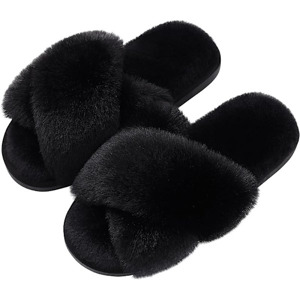 Dame tøfler i fuskepels med kryssbånd, memory foam, innesko med åpen tå (størrelse: 7-8)