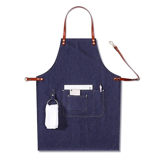 Blå denim kockförkläde för män, arbetskläder, professionellt för grillning, vattentätt med verktygsfickor, handduksöglor