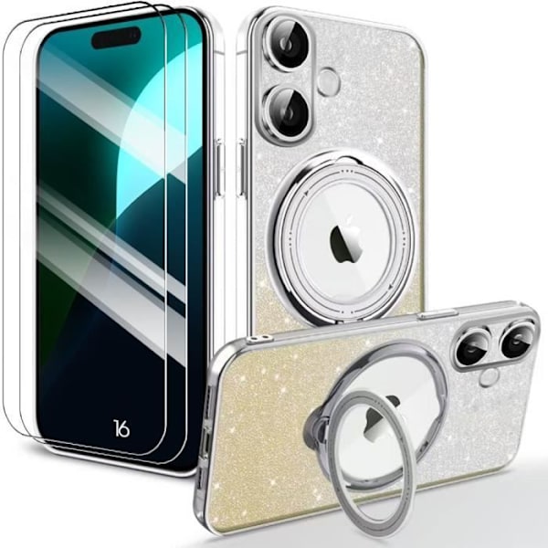 Etui + 2 stk herdet glass til iPhone 16 - Glitrende beskyttelse med sølv roterende magnetisk ring krom effekt Transparent