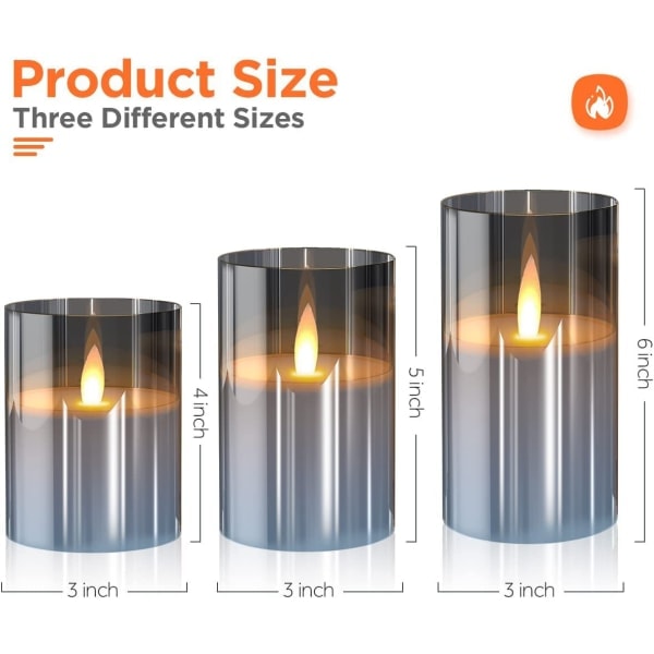 3 stk Sølvgrå Glass Flammeløse Flimrende Lys med Fjernkontroll C