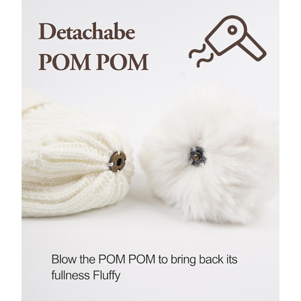 Dame Beanie, Varm Vinterlue, Plysjstrikket Lue, Varm Fleecefôret, Med Avtakbar Pompom, Egnet for Ski Utomhus