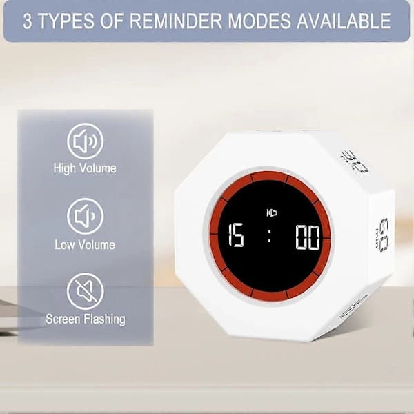 Digital Produktivitets Timer, Roterende Pomodoro Timer med 1-3-5-15-30-60-90 Min Nedtælling, til Studier Hvid