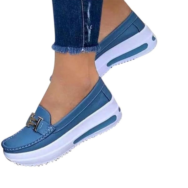 Bekväma plattform Loafers för kvinnor Casual Flat Pu Walking Skor Vintage Light Blue 37