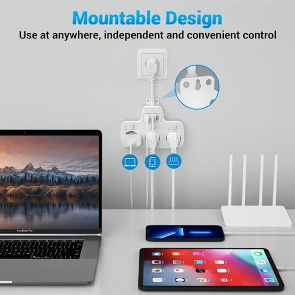 Multiple Outlets with Individual Switch, Power Strip with USB-C 3 Outlets and 3 USB Chargers, Wall Outlet with Multiple USB Ports, Short Cable