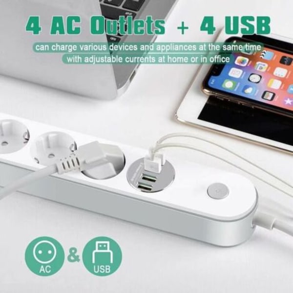 Ylijännitesuoja pistorasia 4 pistorasialla ja 4 USB-portilla - Suoja ylikuormitusta ja ylijännitettä vastaan, kytkin, 2 metrin kaapeli