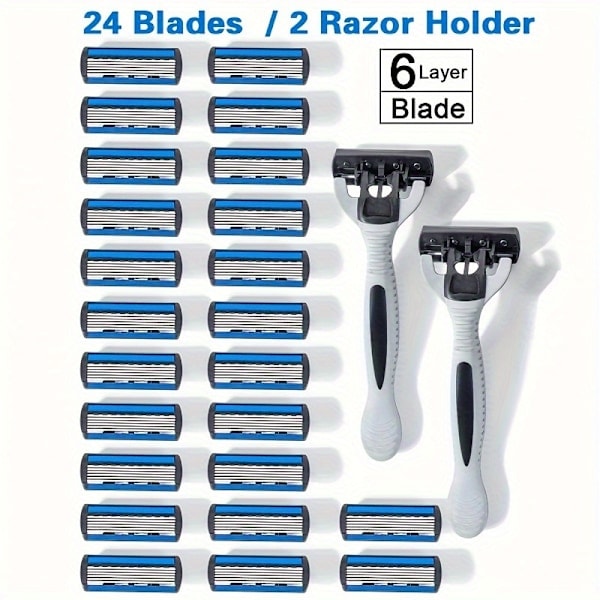 Barberhøvel for menn, 2 håndtak + 24 blader, sikkerhetshøvel 6-lags rustfritt stål hårfjerning 2 Handle + 24 Blades