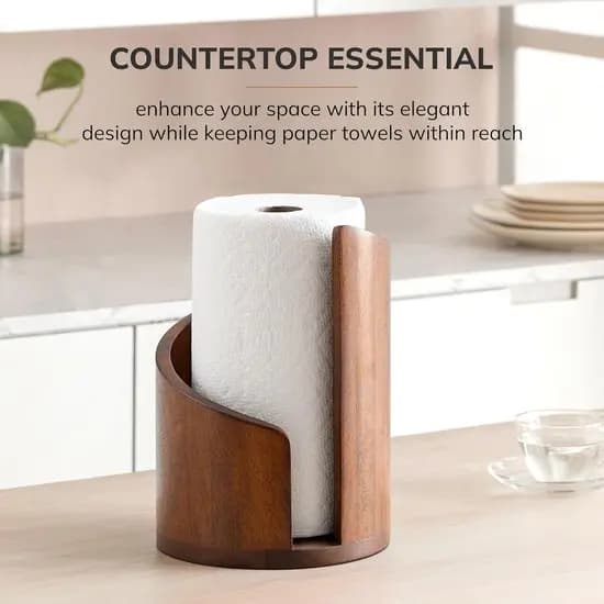 Paper Towel Holder Stand Solid Wood Vertical Roll Dispenser With Metal Side Bar for Kitchen Counter Dining Table Brown
