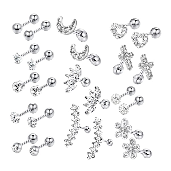 24 st Örhängen Set Mode Skiva Boll Platta Bak Cubic Zirconia Gåvor Hypoallergena Hjärta Tiny för Kvinnor Flickor