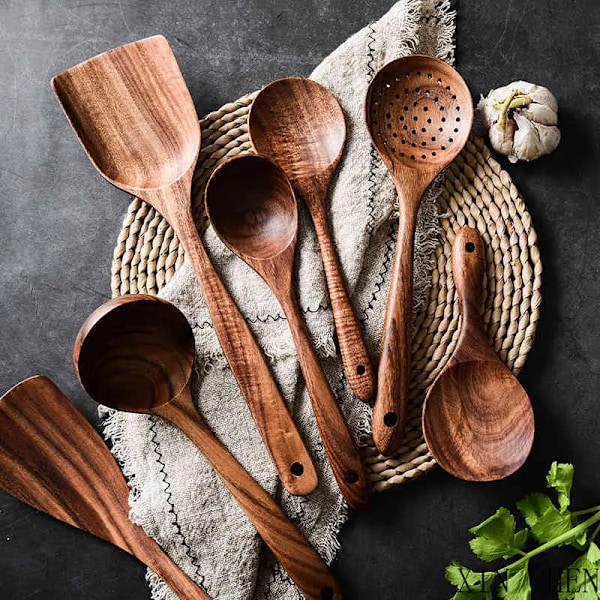 Køkkenredskabssæt Thailand Teak Naturtræ Service Ske Slev Vender Lang Rissigte Suppeske Madlavningsskeer Scoop 210326