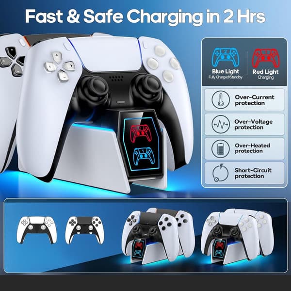 PS5 Controller Opladningsdock, Dobbelt Hurtigoplader Stand med LED-indikator og Sikker Beskyttelse til Gamere, Sort Hvid