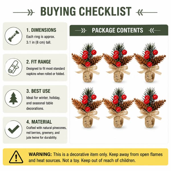 6-pack servettringar med kottar för vinterbordsdekoration Christmas Pine Cone C196