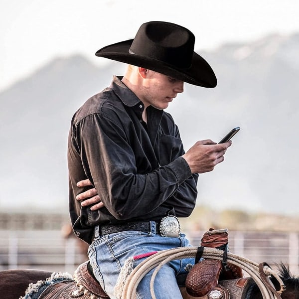 Cowboyhat til Kvinder og Mænd med Formbar Bred Rand - Filt Cattleman Western Hatte Raven Black S M