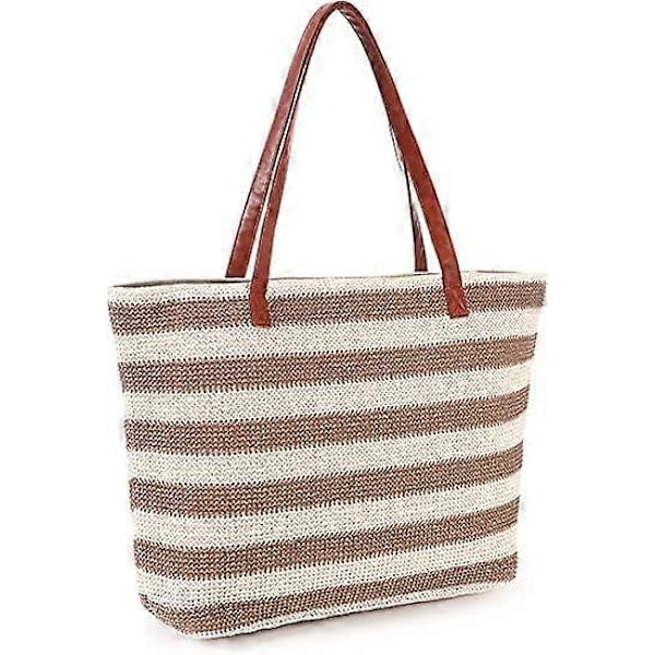 Randig och stickad halmstrandväska med blixtlås, perfekt för strandresor, shopping och picknick