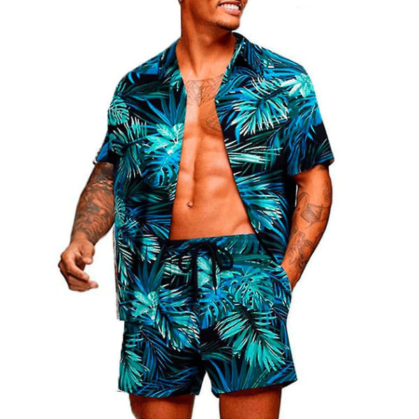 Herr Tropiskt Tryckt Hawaiiskjorta Kort Set Sommar Casual Strand Kortärmad Topp + Elastiska Midjeshorts Byxor Outfits BM