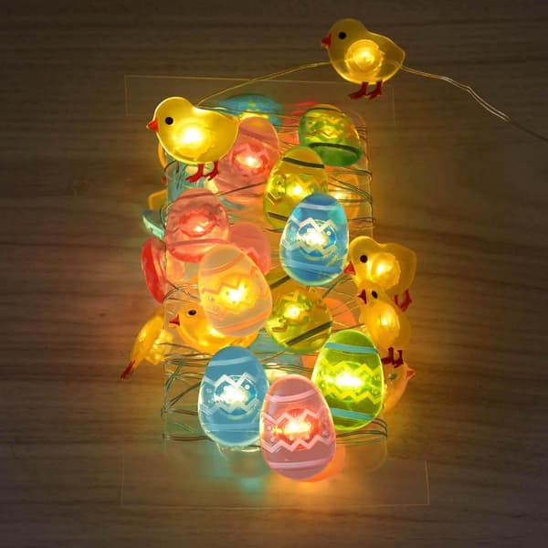 Påskeegg og kylling lyslenke, 50 LED, 8 moduser, fjernkontroll, batteridrevet, for påskefester og vårdekor, 5M