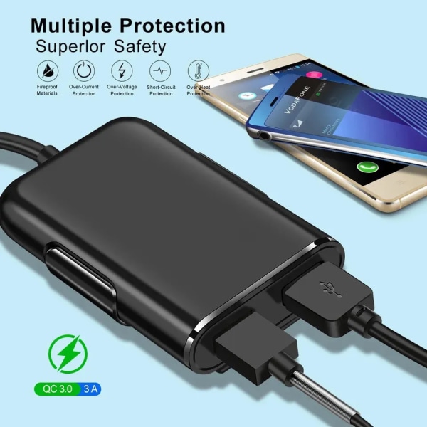 4-portars USB billaddare Snabbladdning QC3.0 5,6ft förlängningskabel för iPhone 12 Xiaomi Mobiltelefon Driving Recorder Snabbladdning Black