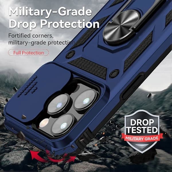 Pansarfodral för iPhone Ställfodral med Skjutbart Kameraskydd & Stöd Militärklass Kraftigt Skydd med Magnetisk Hållare för iPhone11PRO (Blå)