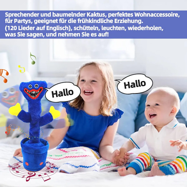 Talende kaktusplysj, dansende og syngende kaktus interaktiv baby leke med elektronisk taleopptak Huggy Wuggy (blå)