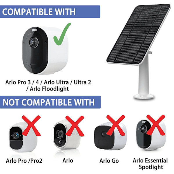Solpanel Opladning til Arlo Ultra/ultra 2/ pro 3/ pro 4/ pro 3 spotlight/go 2 4w