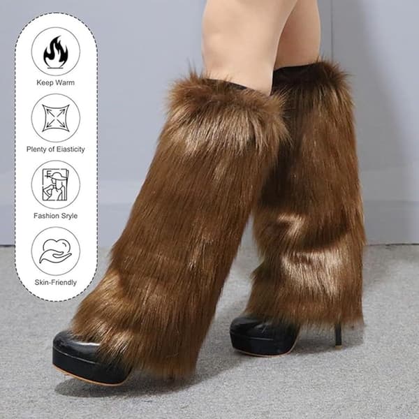 Faux Fur Legvarmere til kvinder, 30 cm lange fluffy benvarmere over knæet, bløde varme vinterstøvlemanchetter til efterår og vinter, brun