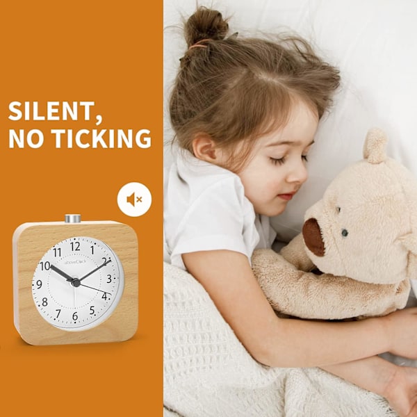 Træ Vægur, lydløst vækkeur uden tikken med snooze-funktion, natlampe, rejsevækkeure i træ batteridrevet til soveværelse 1 AA-batteri R