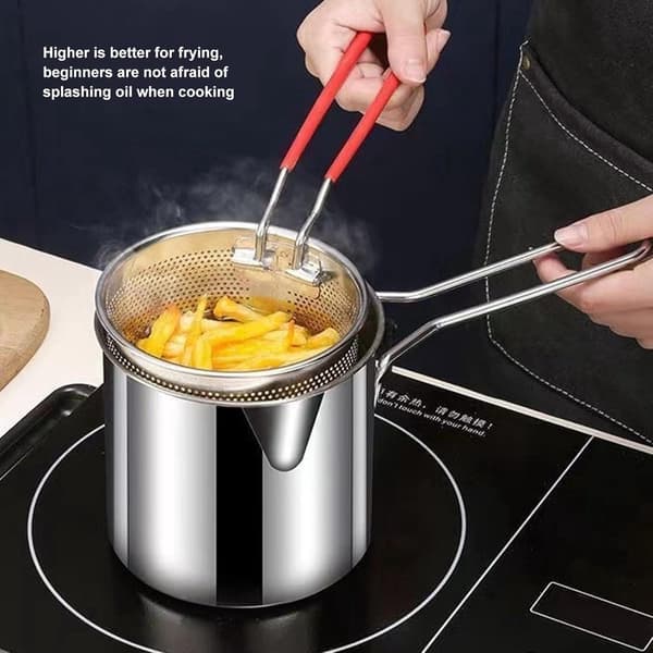 Mini frityrgryte, rustfritt stål med frityrkurv og tang, oljebesparende for hjemmekjøkken, gass- og induksjonstopper, 1,2L