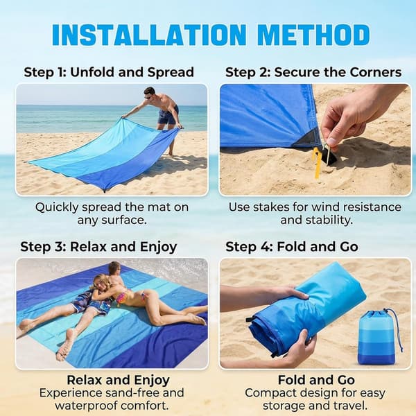 Sandfri strandteppe, vanntett polyester, sammenleggbart med plugger, karabinkrok og bæreveske for strand, piknik og camping, blå