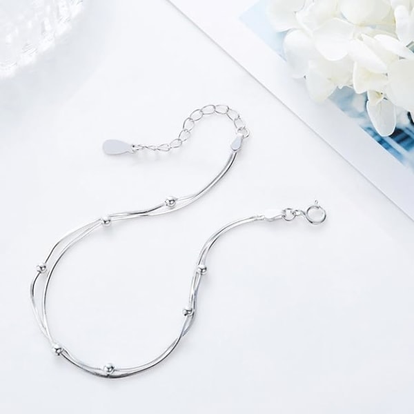 Armbånd for kvinner, i 925 sterlingsølv, dobbelkjede med perler, justerbart opp til 19 cm, 19 centimeter, Sterlingsølv