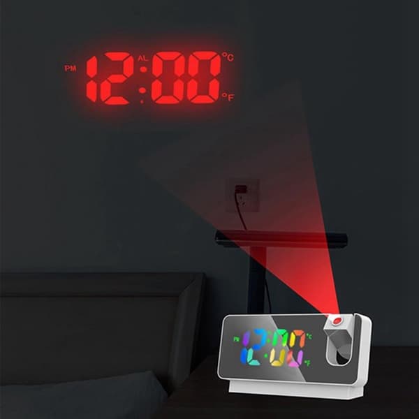 Digital projektionsväckarklocka med LED-spegeldisplay, temperaturavläsning och minnesfunktion för sovrum, kontor eller hem, vit