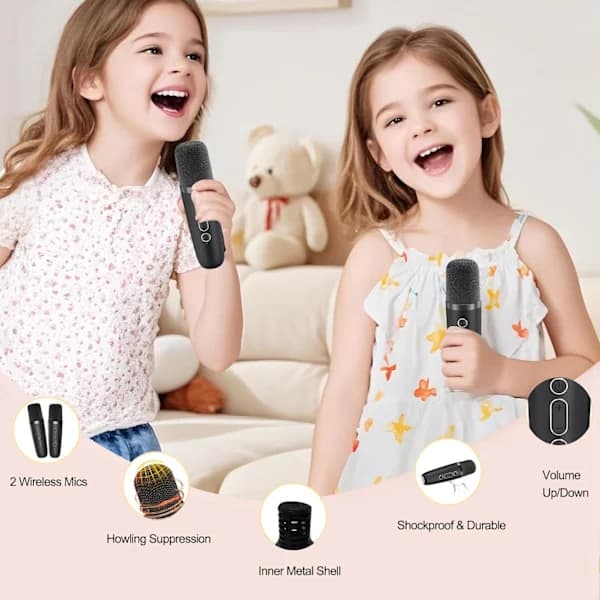 Mini karaokemaskine med Bluetooth-højttaler og 2 mikrofoner, bærbart LED-karaokesystem til børn og voksne, sort