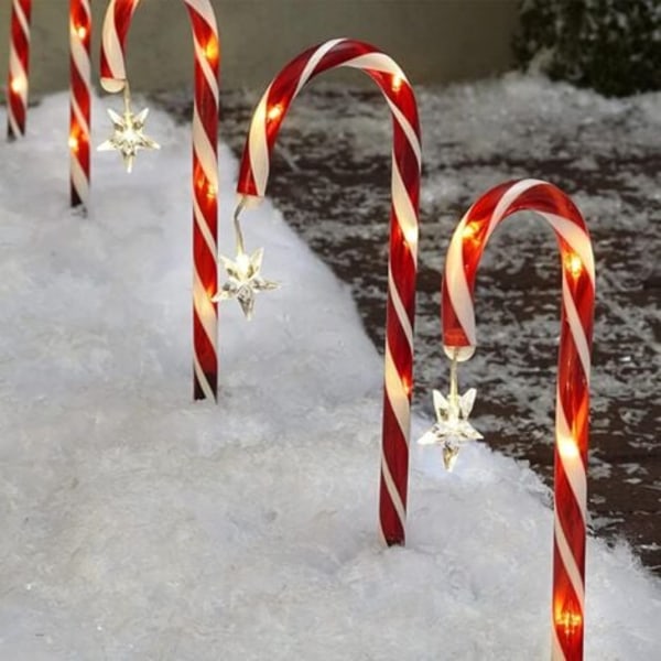 Julegodteristanglys, sett med 8 utendørs juledekorasjoner, godteristanglys, solcellehagelys, godteristangformede LED-hagelys, sti