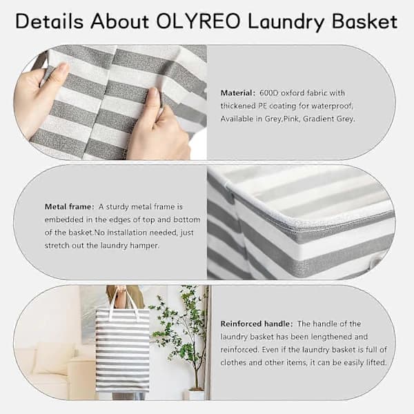 Foldable Laundry Basket, Rectangular Freestanding Tall Cotton Laundry Hamper for Clothes Toys Storage in Bedroom Laundry Room