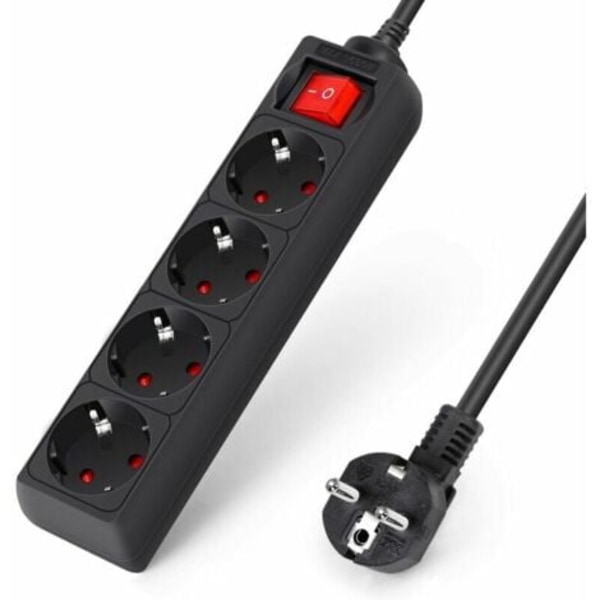 Grenuttag med individuella strömbrytare, med 4 uttag och 3 USB-laddare (3680W 16A) 2m kabel för Smartphone Tablet - Svart