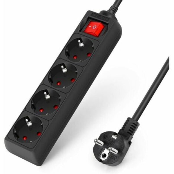 Pistorasia yksittäisillä kytkimillä, 4 pistorasialla ja 3 USB-laturilla (3680W 16A) 2m kaapeli älypuhelimelle ja tabletille - Musta