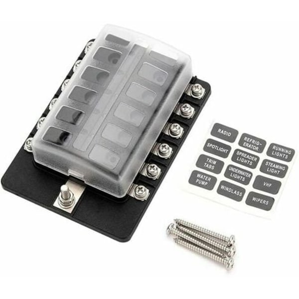 12-vejs sikringsboks med LED - Inkluderer 10 sikringer og terminaler - Velegnet til båd, campingvogn, marine, 12V og 24V