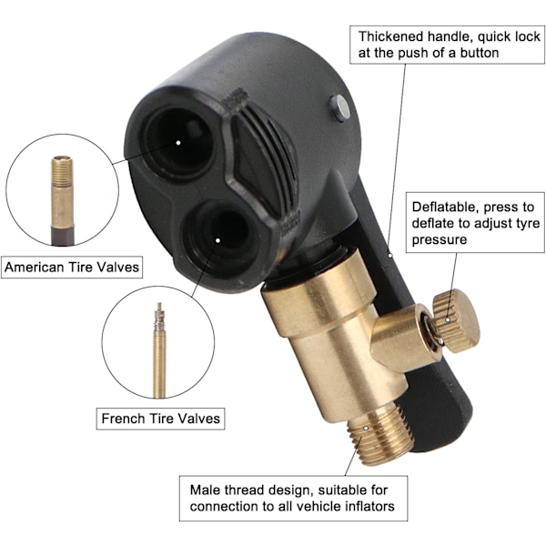 2 stk Bilventiladapter, Pumpedyse, Adapter, Gjenget Erstatningspumpehode med Dobbel Ventil, for Bil-, Sykkel- og Motorsykkeldekk