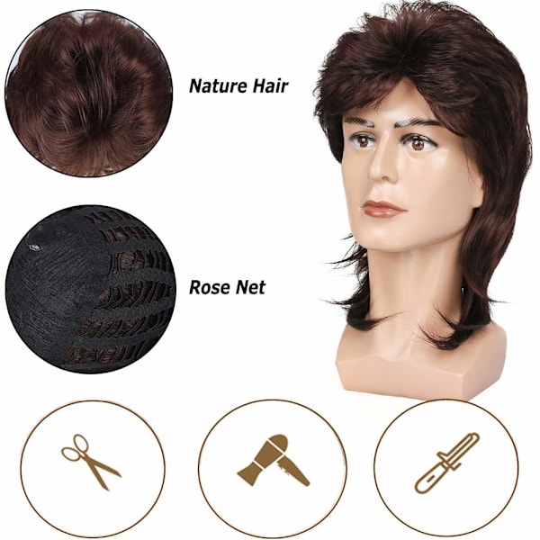 Mulletperuker för män 70- och 80-tal Maskeradkostymer Herr Brun Fancy Party Acc