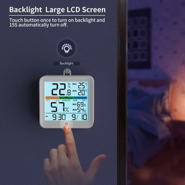 TS-Hygrometer Innendørs Termometer - Digital Fuktighetsmåler Nøyaktig Temperatur Monitor MAX / MIN Registreringer, LCD Bakgrunnsbelysning Klokke, l'