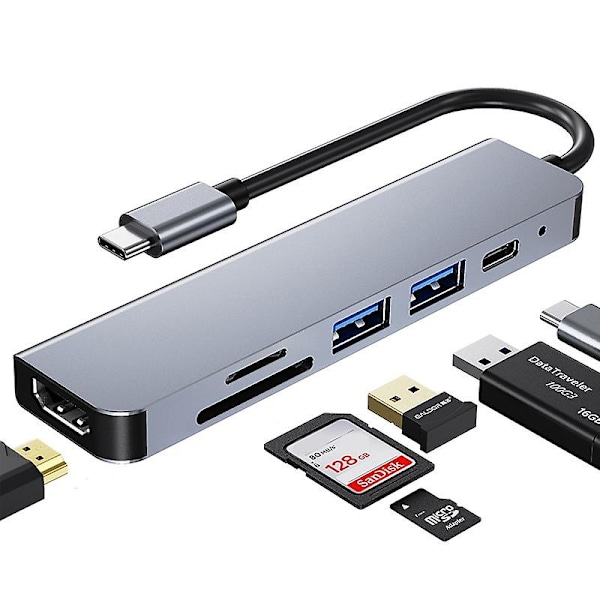 TS-6 6-in-1 USB Type C -keskitinadapteri 4K 30 Hz -yhteensopivalla moniporttisella kortinlukijalla USB3.0 TF PD Video Mul
