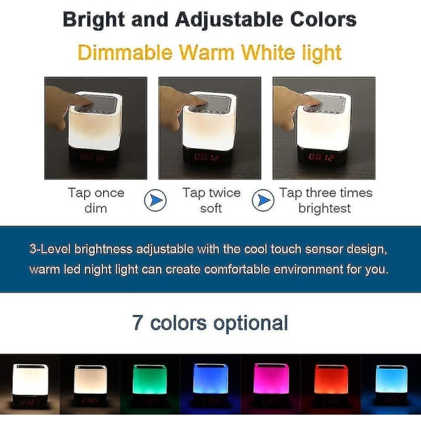 Nattljus med Bluetooth högtalare, 5 i 1 touch-lampa med färgändring, Rgb-dimbart digitalt larm