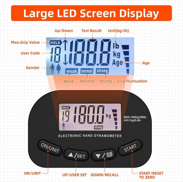 Elektronisk hånddynamometer, 180 kg grepstyrketester, LCD, justerbart håndtak, oppladbart, trening, svart og hvitt