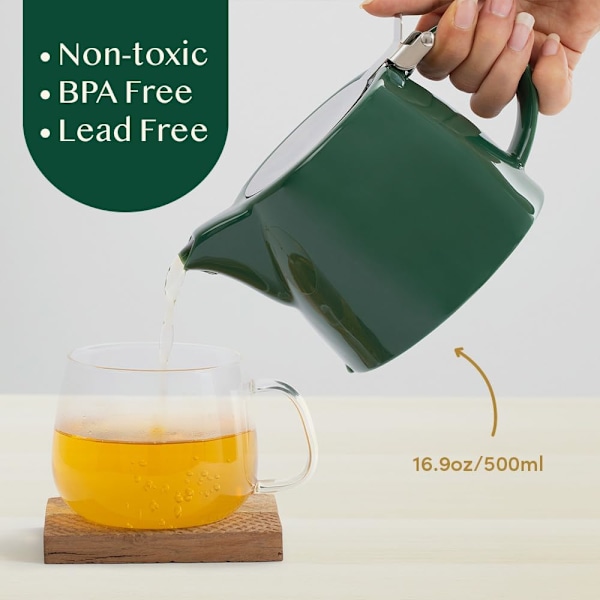 Porcelænstekande (500ml) Mørkegrøn Håndlavet Tekande | Fint Maskenet Infuser til Løse Blandinger Fremstillet af Rustfrit Stål, Tekander