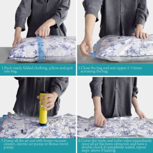 Vacuum Opbevaringsposer 8 stk. (3 x Jumbo, 2 x Large, 3 x Medium) til Dyner Tæpper Tøj Puder Rejse Pladsbesparende Forseglingspose Håndpumpe Inkluderet &h