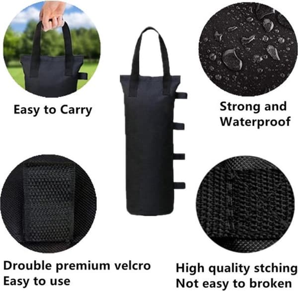 4-pack kapell-sandpåsar 600D polyester viktade påsar för tältben, parasoller och pergolor, ofyllda 20 x 47 cm svarta