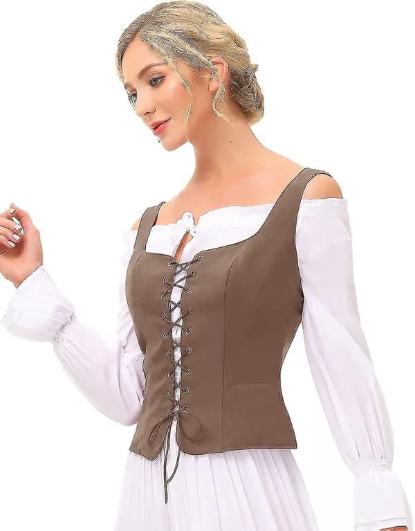 Piratinspireret renæssancevest til damer, cosplay-kostume, bondelivstykke, kaffe Medium Coffee Medium