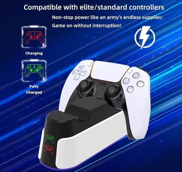PS5 Controller Opladerstation, Dobbelt Hurtig Opladerstander Med RGB Lys Og LED-indikator til Sony PlayStation 5, Sort