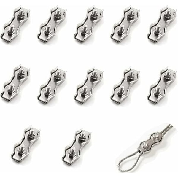 TS-12 Deler Wire Rope Dobbel Klemme m2, Koblingsklemme for Ståltau Rustfritt Stål Bremsekabel Festeklemme, Brukes